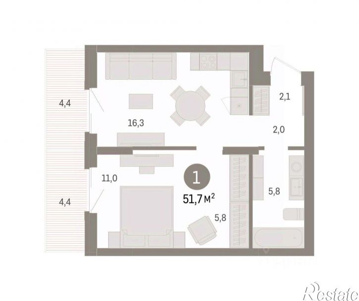 1-комн квартира в новом доме улица Крупской