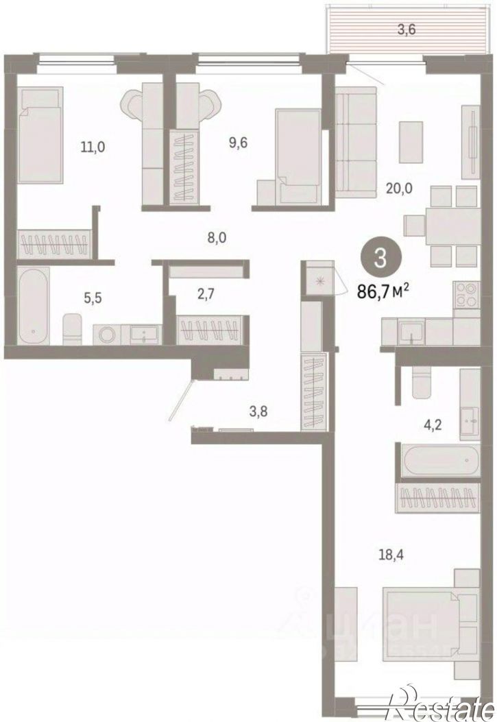 3-комн квартира в новом доме улица Крупской