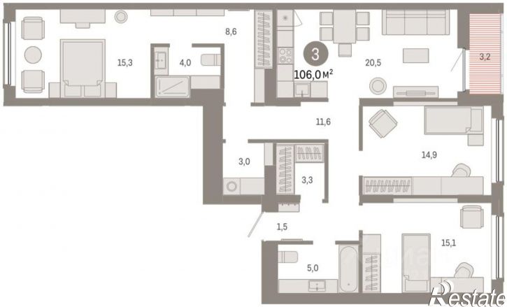 3-комн квартира в новом доме улица Крупской