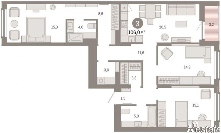3-комн квартира в новом доме улица Крупской