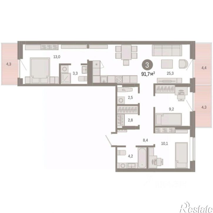 3-комн квартира в новом доме б-р М.М.Кузьмина, 29,  д. 29