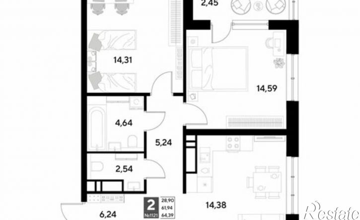 2-комн квартира в новом доме жилой район Снегири, МЖД1лит2
