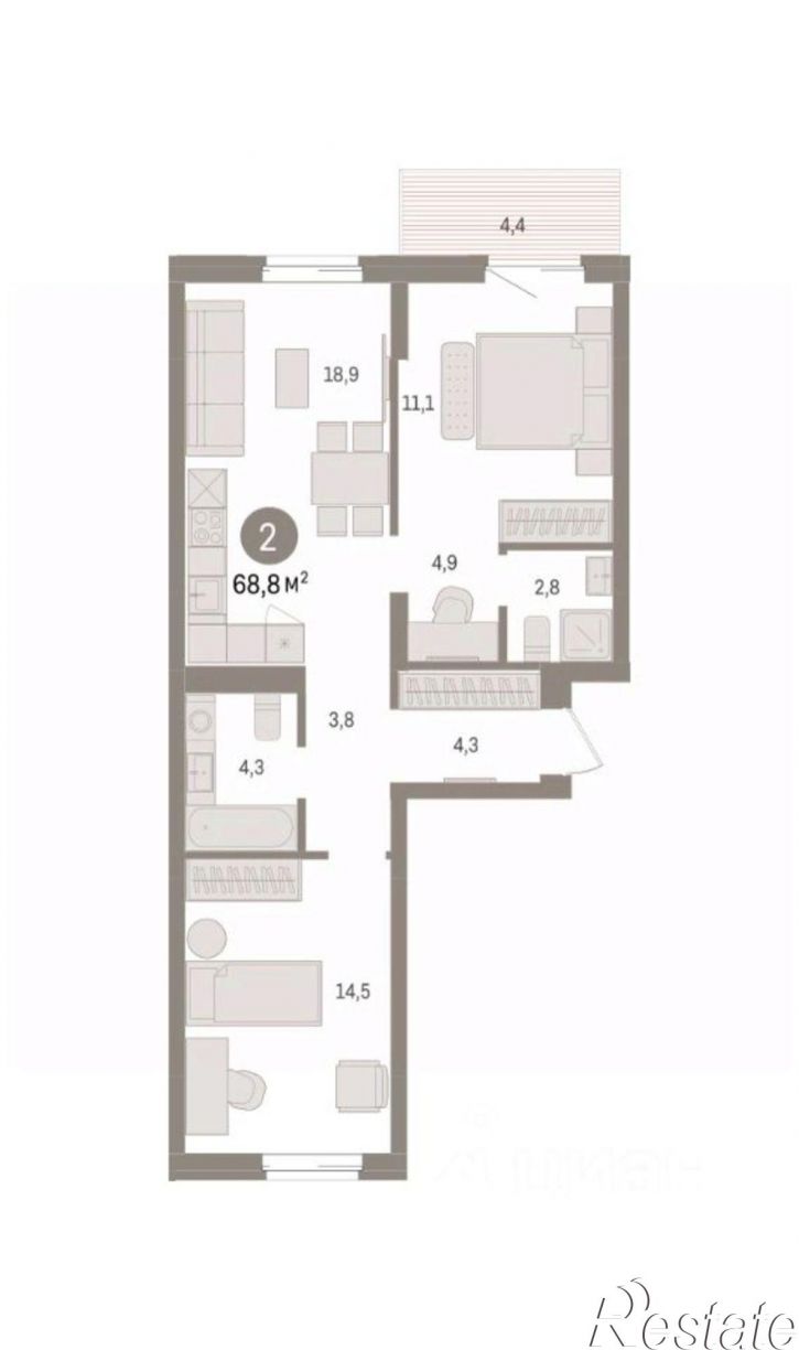 2-комн квартира в новом доме улица Крупской